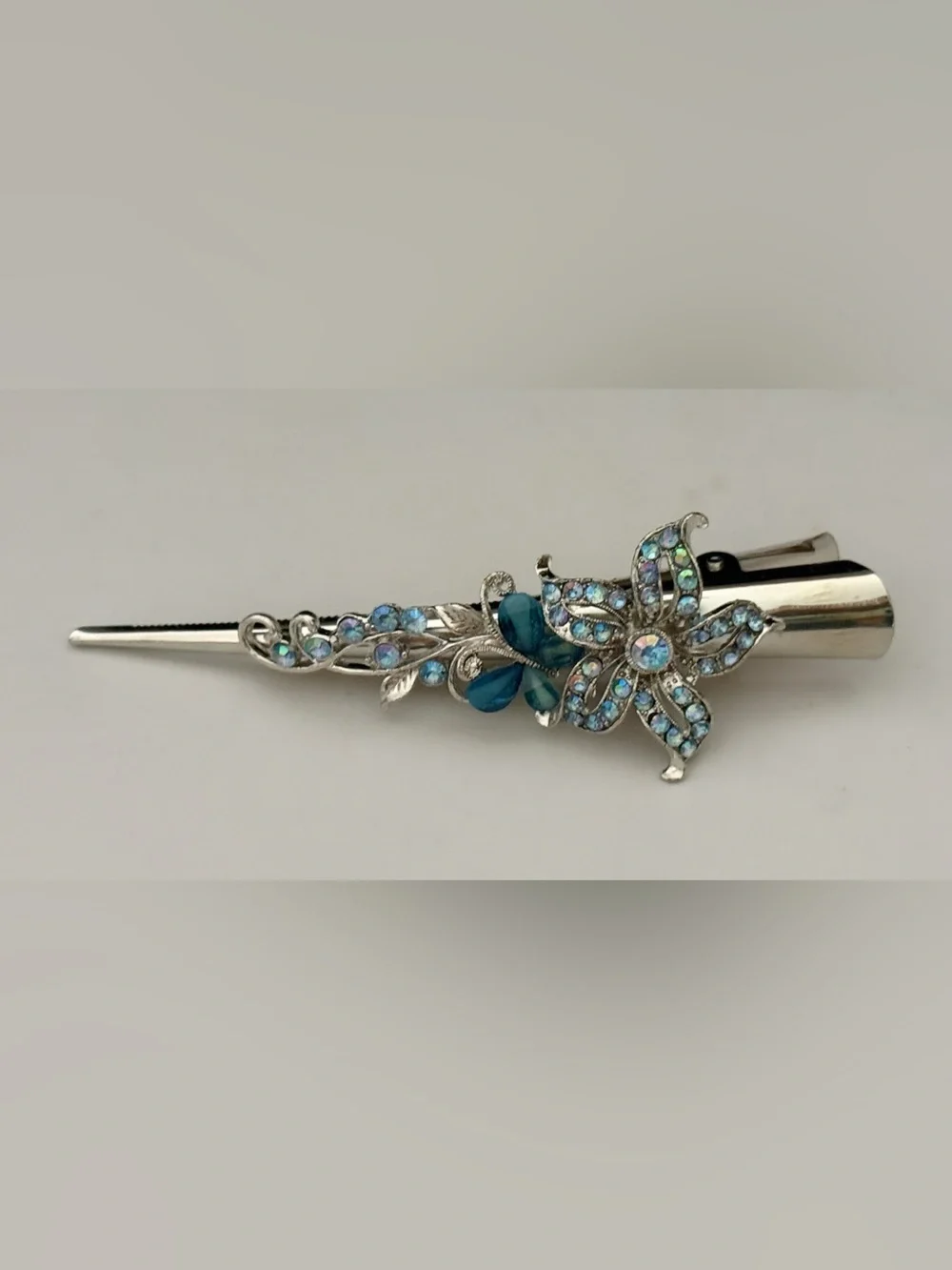 2 Silver-tone Alligator Hair Clamps Iridescent Blue Crystals